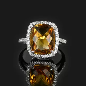 Checkerboard Citrine Diamond Halo Ring in 18K White Gold